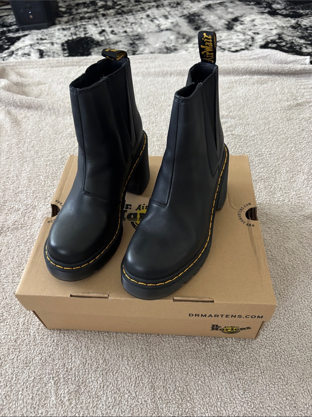 Dr. Martens Black Leather Chelsea Heeled Boots with Yellow Stitching